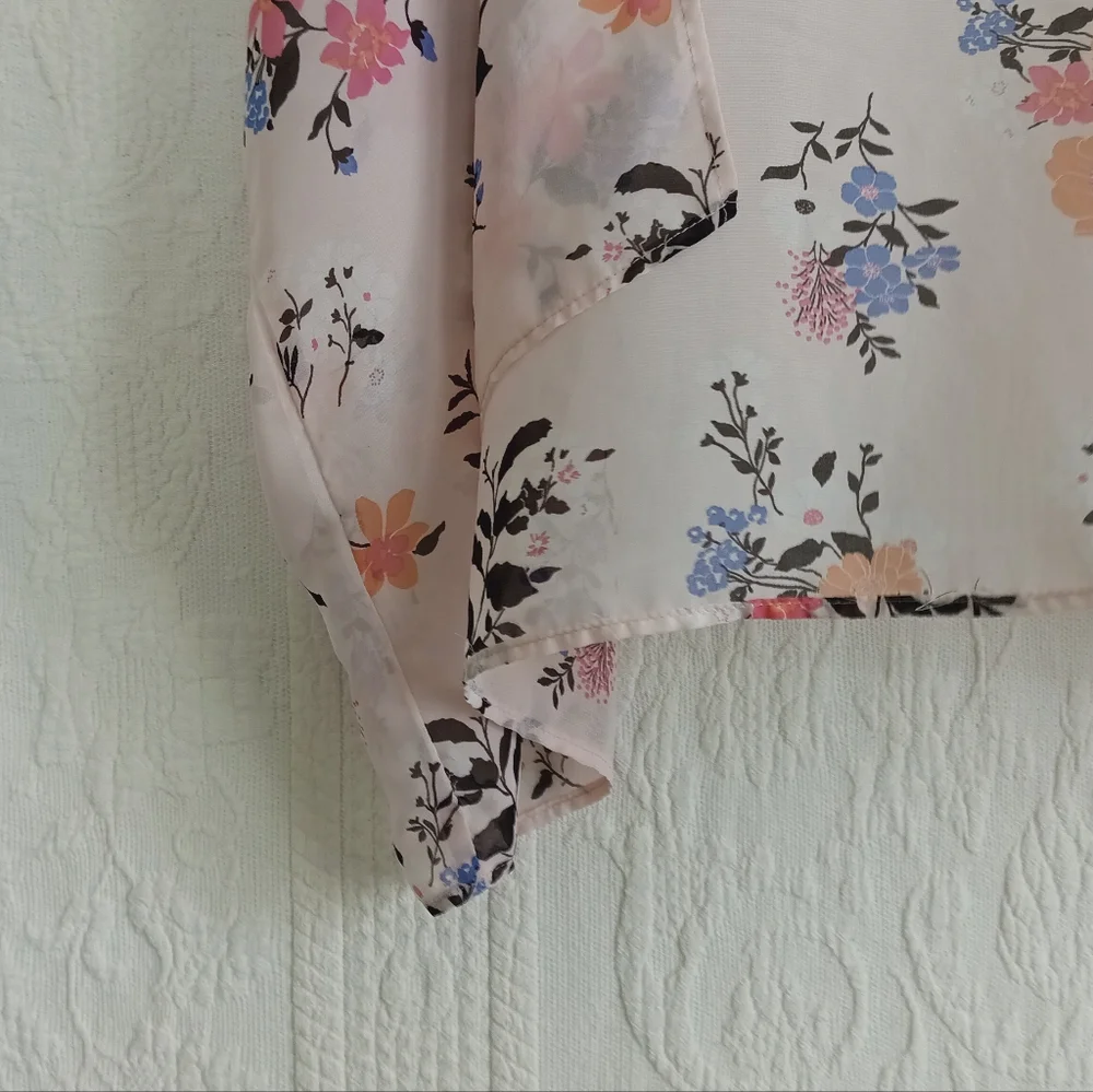 Pink Floral Sheer Kimono Wrap Elegant Soft Girl Femme Flowy Pastel Airy Light OS